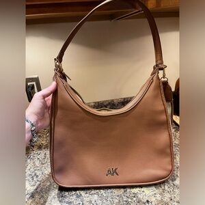 Anne Klein Faux Leather Crossbody Bag, Tan with White Canvas Adjustable Strap